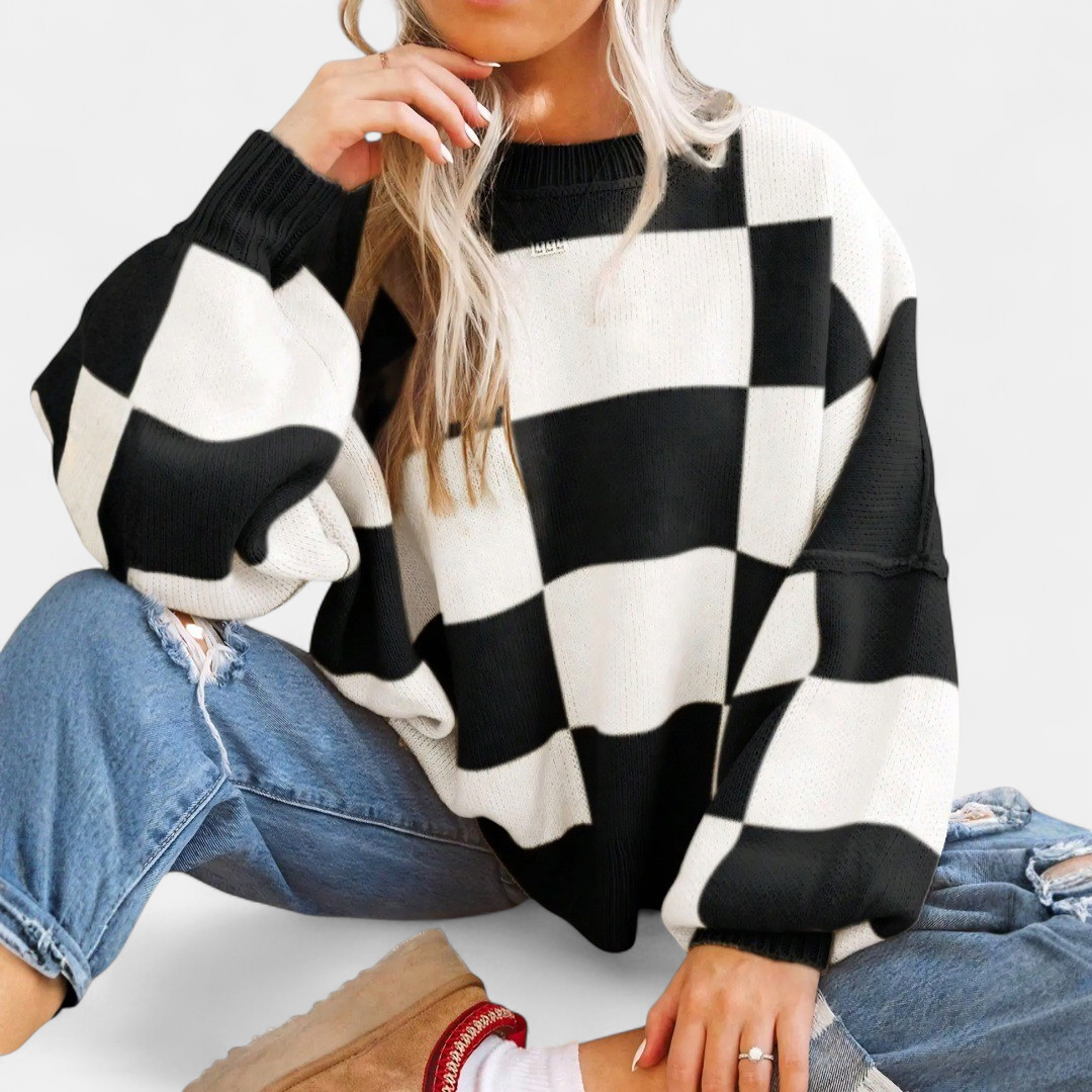 Women's Knitted Jumper, Jacquard Crew Neck Puff Sleeve