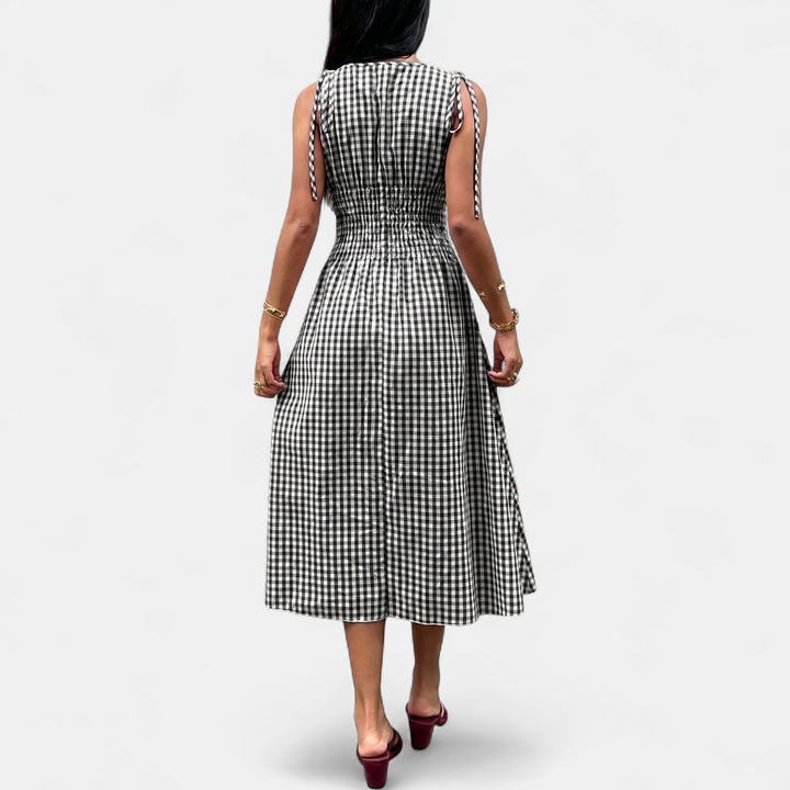 Women's Check Ruffle Midi Dress, Strappy Gingham Slit