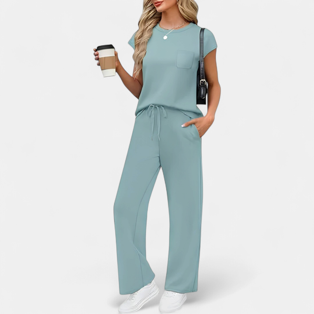 Women's Matching Tracksuit Set, Wide Leg Pants Cap Sleeve Co-Ord
