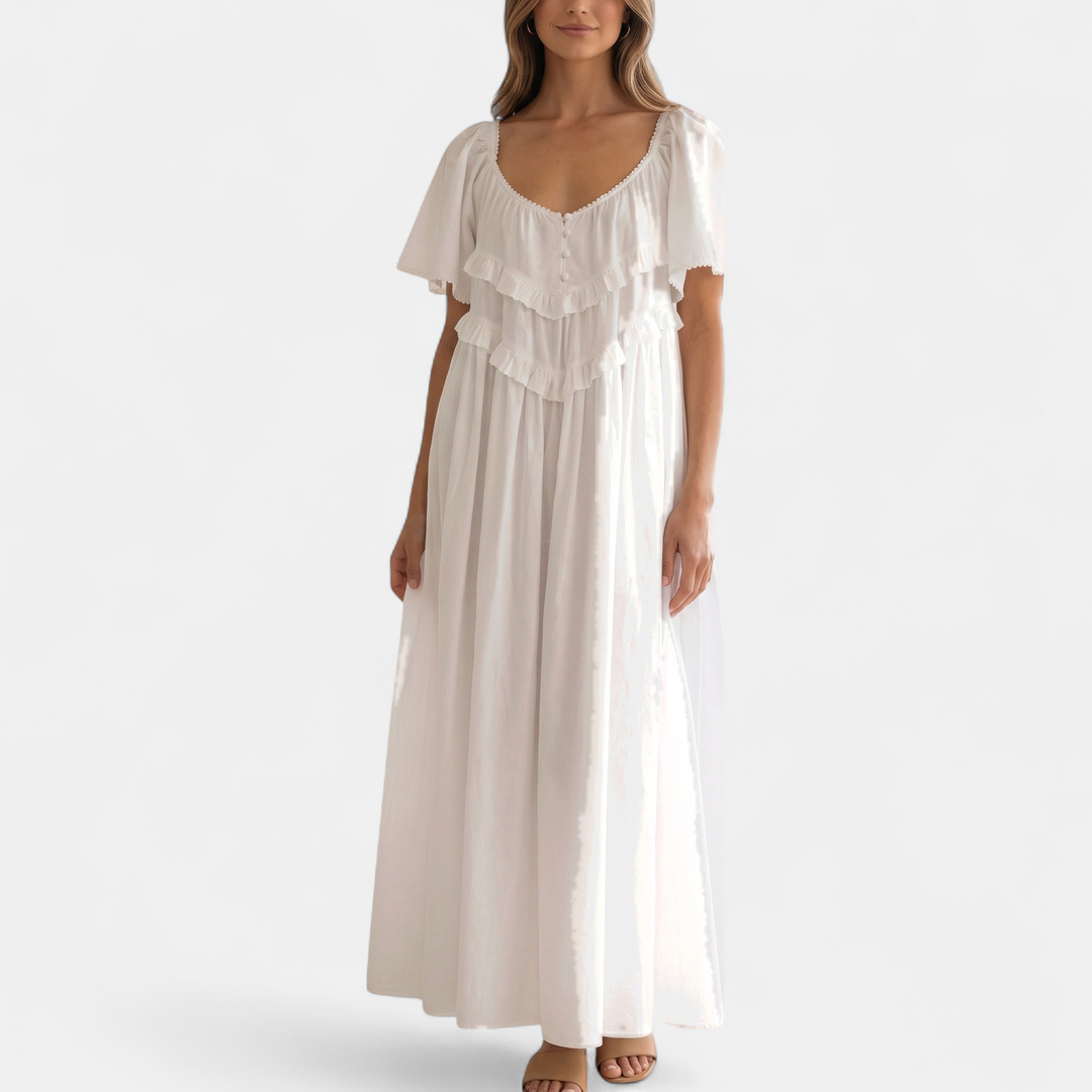 Women's Ruffle Maxi Dress, Relaxed Scoop Neck Tiered Bib