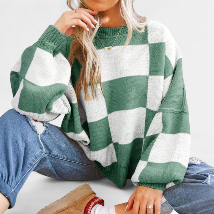 Women's Knitted Jumper, Jacquard Crew Neck Puff Sleeve