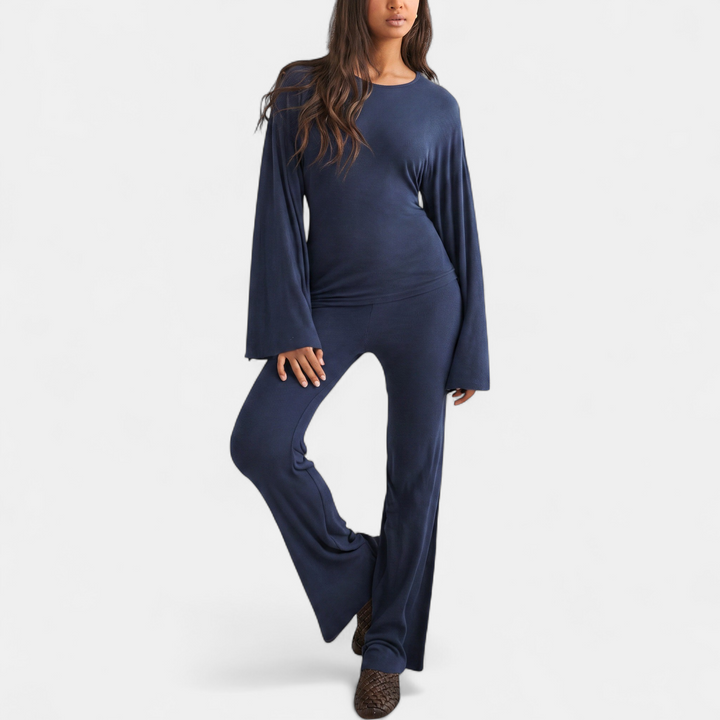 Women's Coord Set, Wide Leg High Neck Bell Sleeve Monochromatic