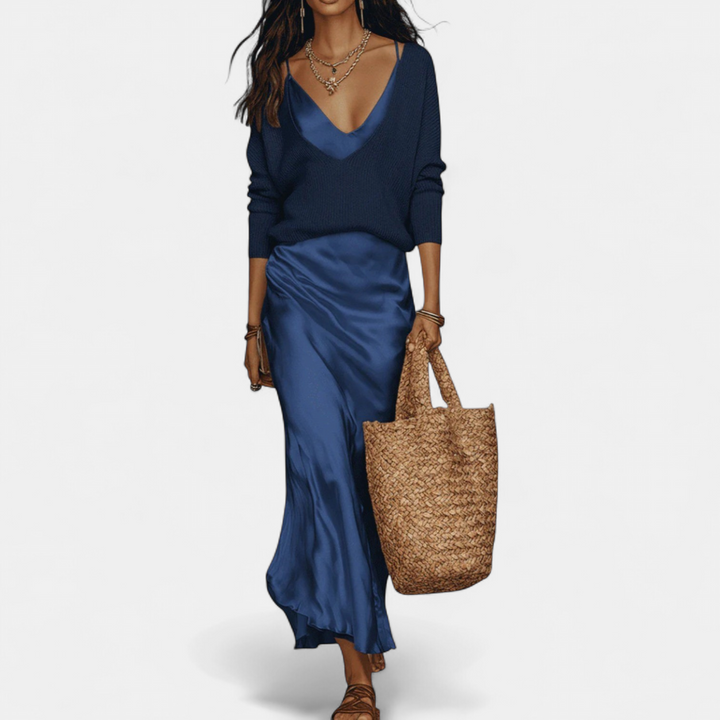 Women's Coord Set, Midi Satin Relaxed Ribbed Knit A Line