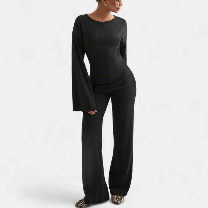 Women's Coord Set, Wide Leg High Neck Bell Sleeve Monochromatic