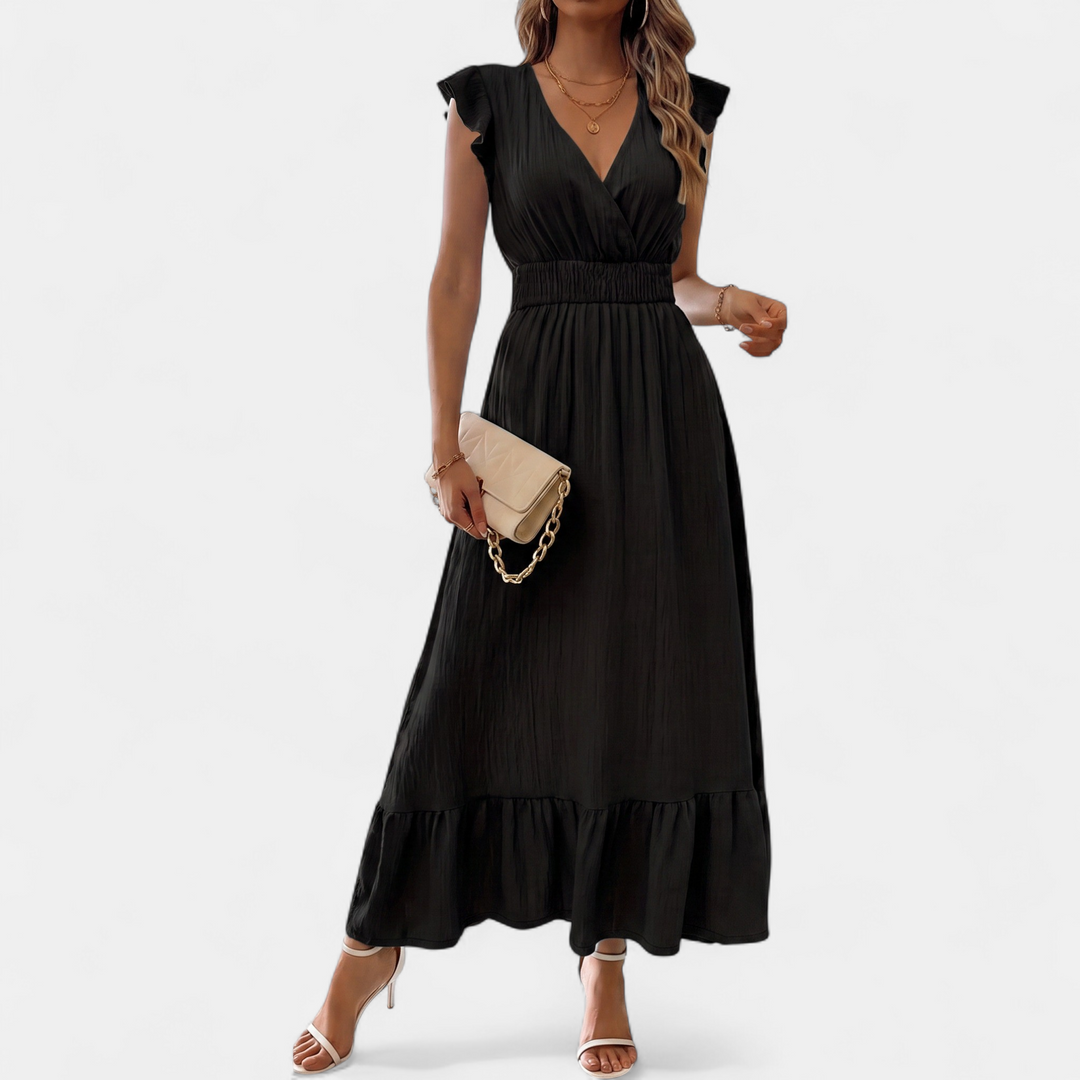 Women's Tiered Wrap Midi Dress, V Neck Ruffle Hem Smocked Waist