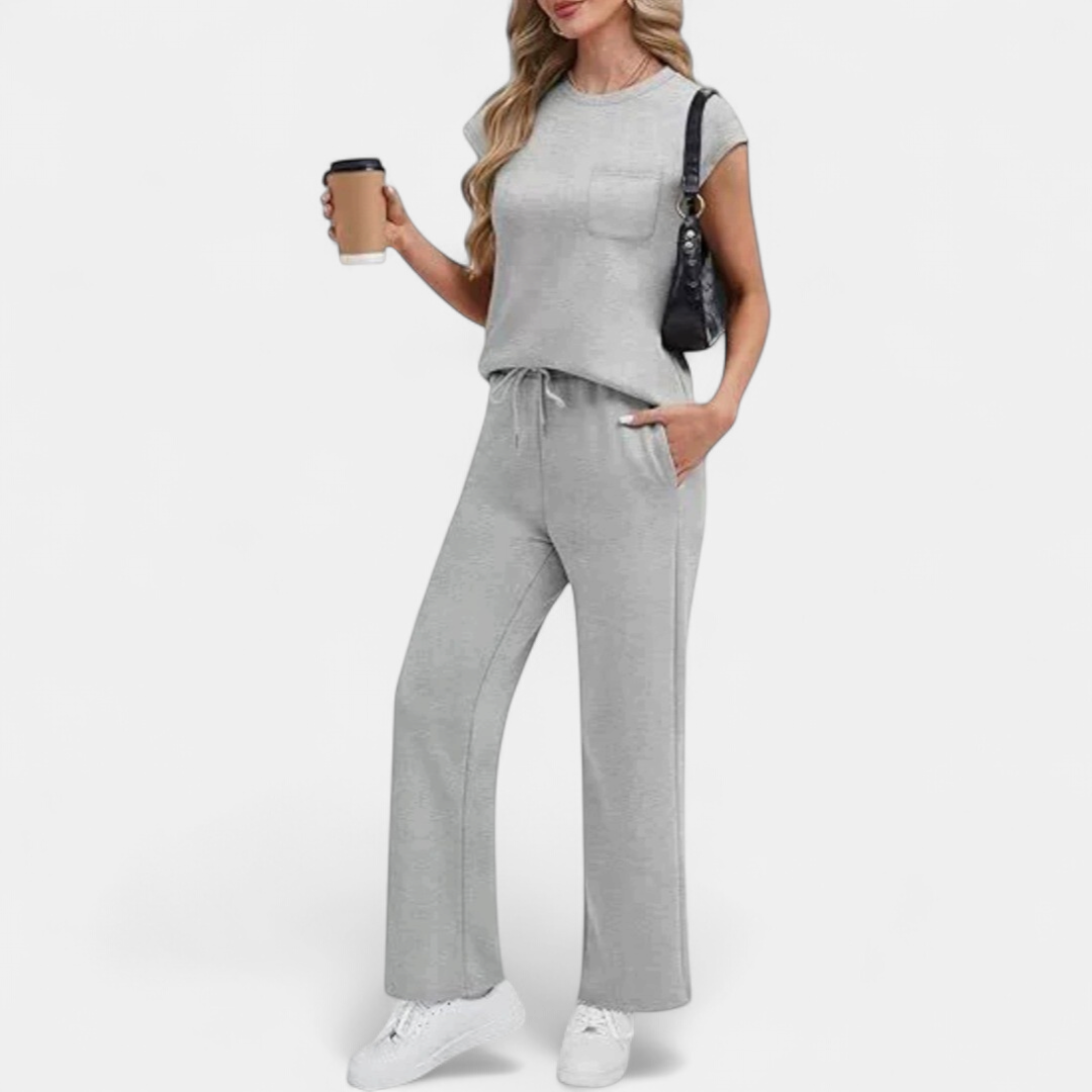 Women's Matching Tracksuit Set, Wide Leg Pants Cap Sleeve Co-Ord