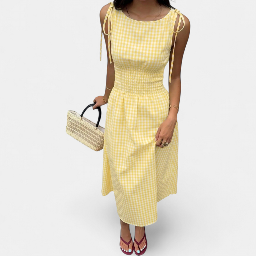 Women's Check Ruffle Midi Dress, Strappy Gingham Slit