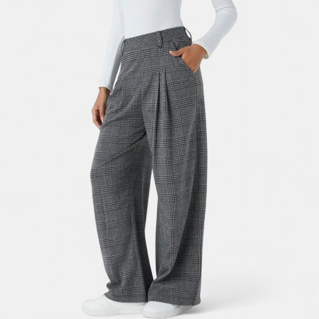Women's Work Trousers, Belt Loop High Waist Glen Plaid