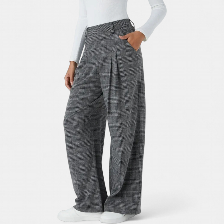 Women's Work Trousers, Belt Loop High Waist Glen Plaid