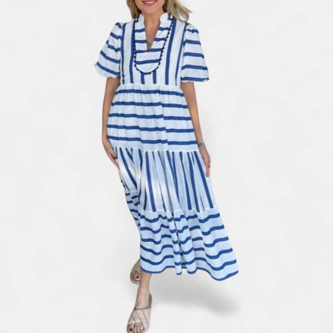 Women's Tiered V Neck Midi Dress, Puff Sleeve Stripe