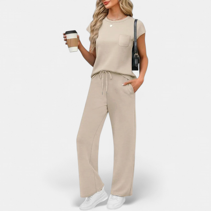 Women's Matching Tracksuit Set, Wide Leg Pants Cap Sleeve Co-Ord
