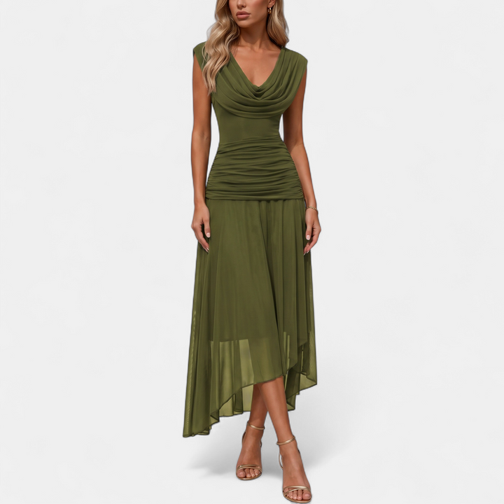 Women's Midi Cocktail Dress, Ruched Cowl Neck Sleeveless