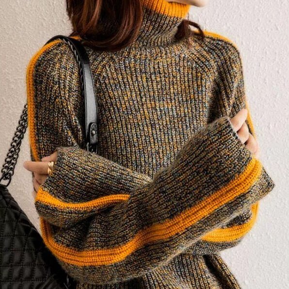 Women's Oversized Turtleneck Jumper, Colourblock Knit
