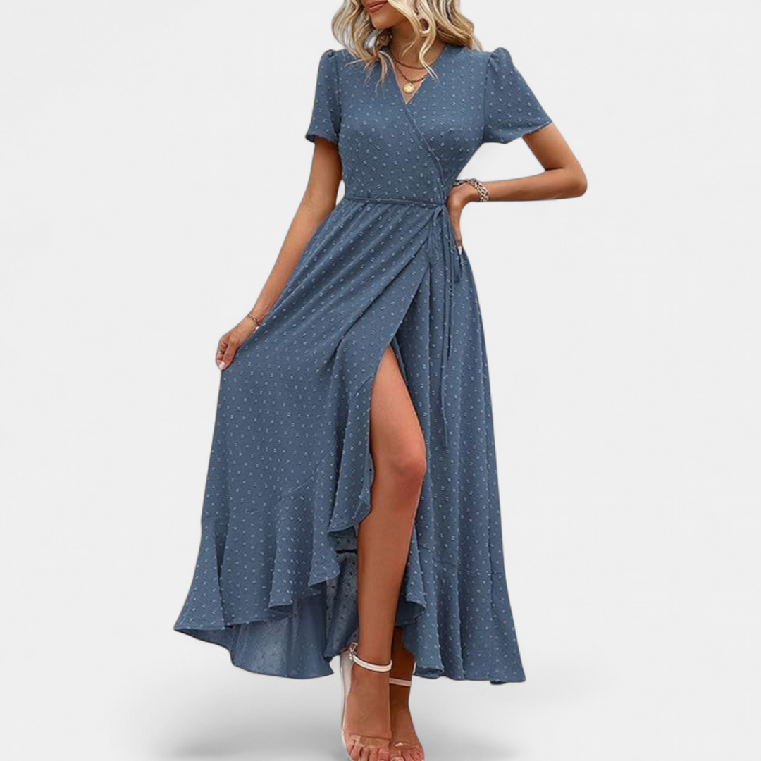Women's Boho Wrap Maxi Dress, V Neck Slit Relaxed Pleated Hem