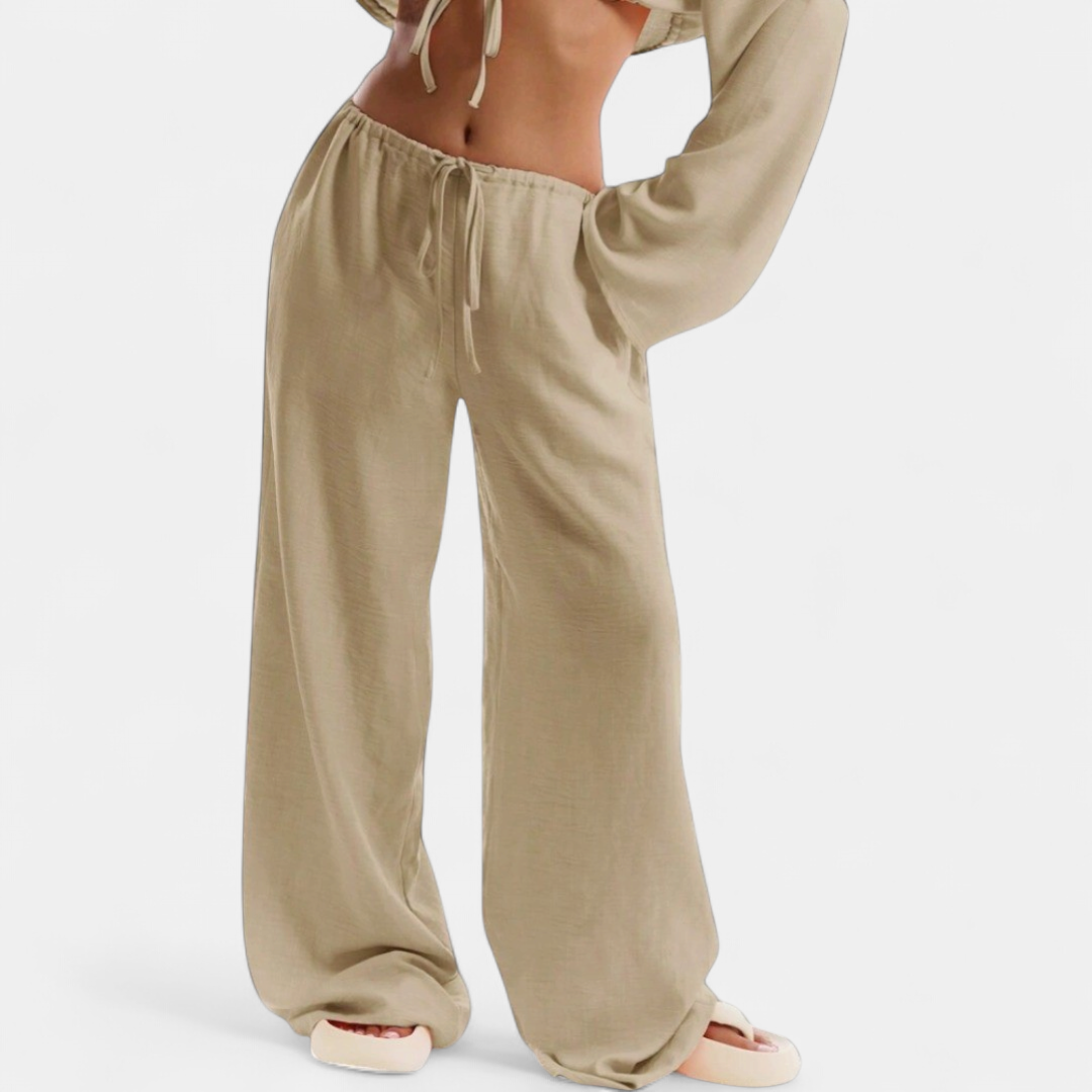 Women's Drawstring Low Rise Wide Leg Trousers, Loose Fit