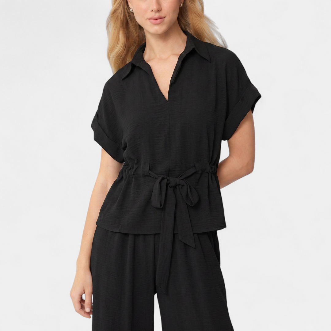 Women's Coord Set, V Neck Relaxed Wide Leg Collared