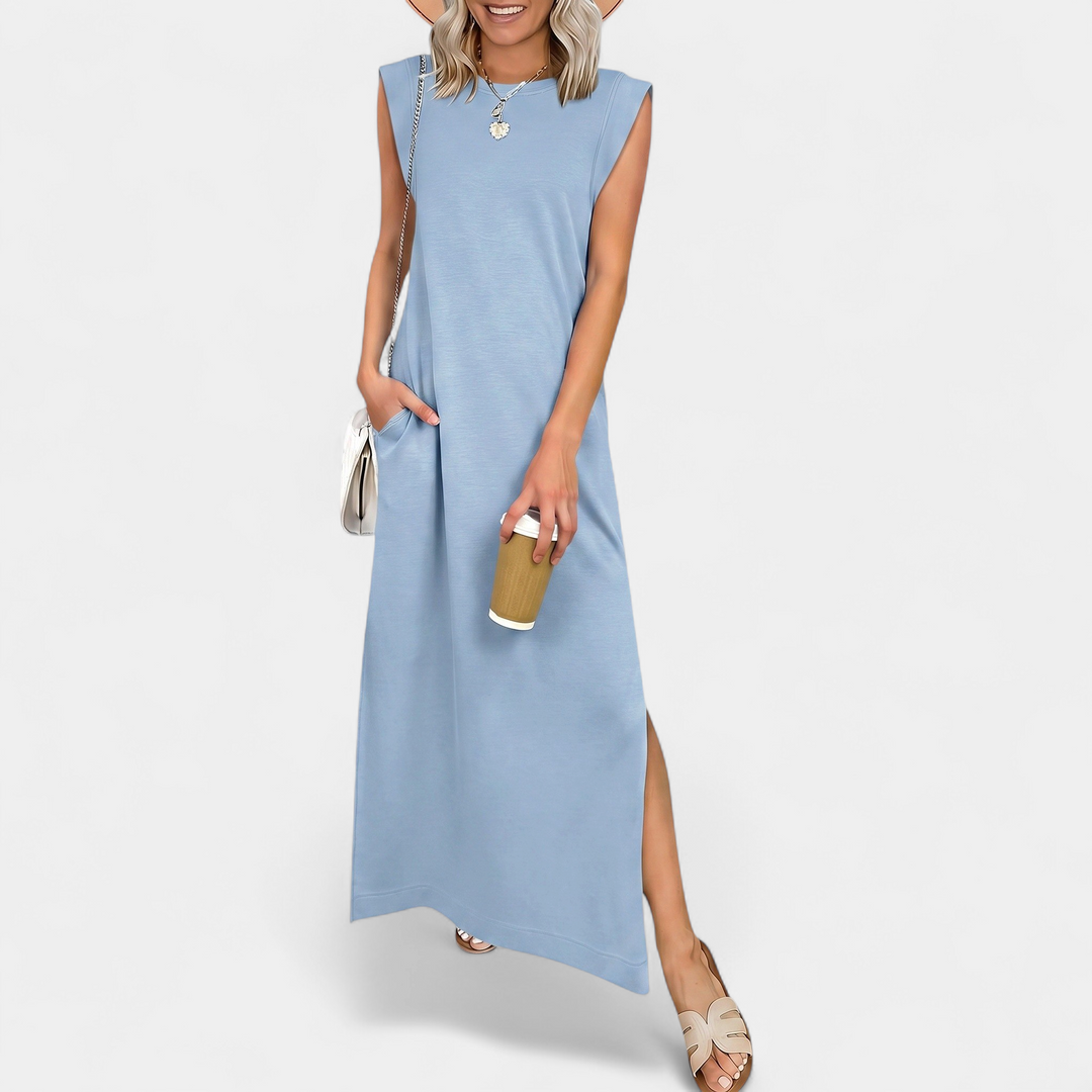 Women's Sleeveless Slit Maxi Dress, Crew Neck Side Pocket