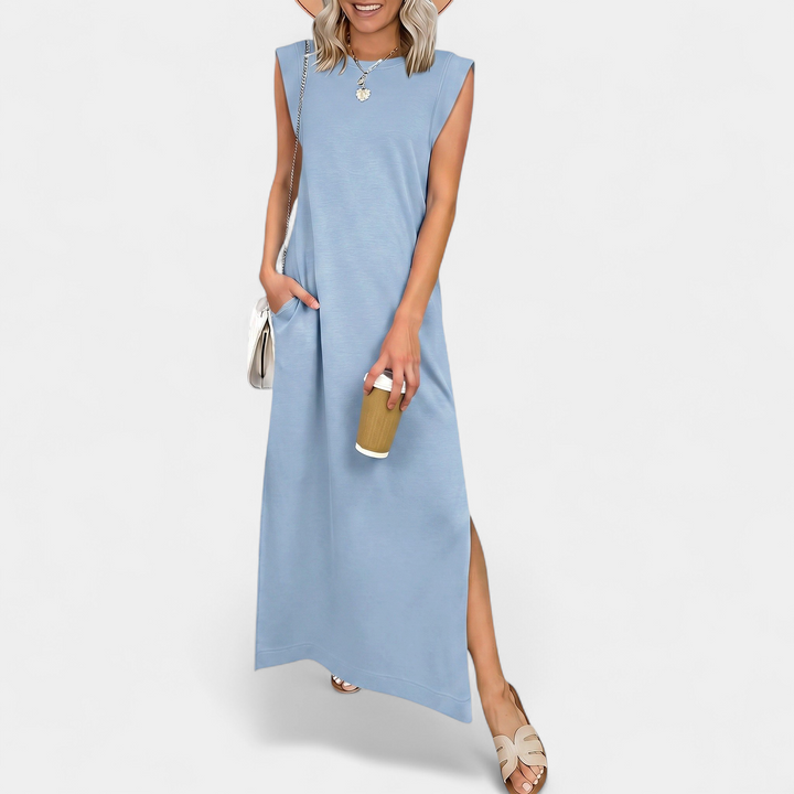 Women's Sleeveless Slit Maxi Dress, Crew Neck Side Pocket