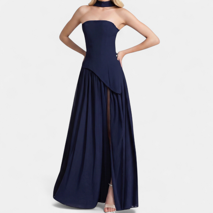 Women's Strapless Corset Maxi Dress, Pleated Back Zip