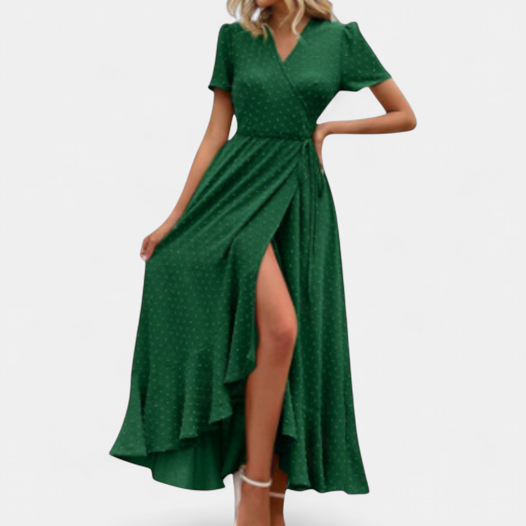 Women's Boho Wrap Maxi Dress, V Neck Slit Relaxed Pleated Hem