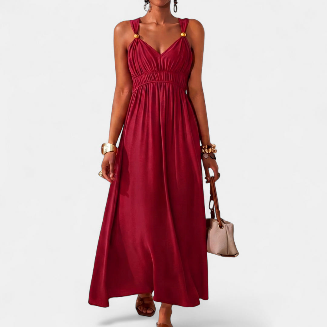 Women's Bead V Neck Maxi Dress, Sleeveless Ruched Wide Strap
