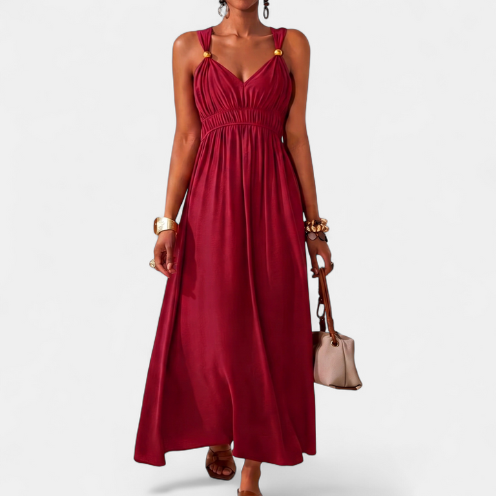 Women's Bead V Neck Maxi Dress, Sleeveless Ruched Wide Strap