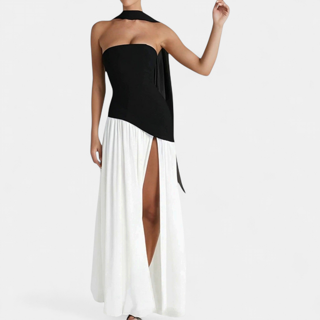 Women's Strapless Corset Maxi Dress, Pleated Back Zip