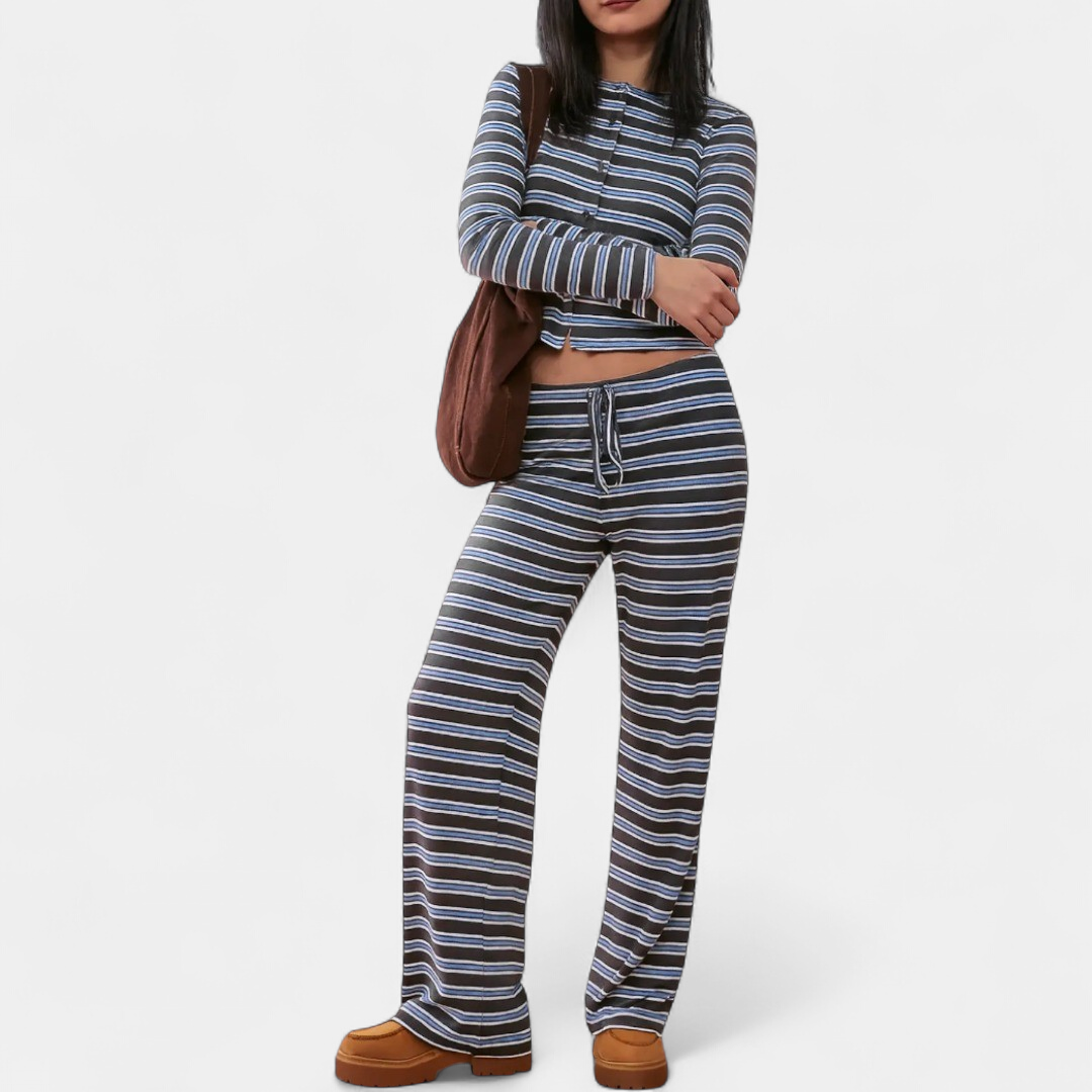 Women's Lounge Set, Stripe Wide Leg Stretchy High Neck