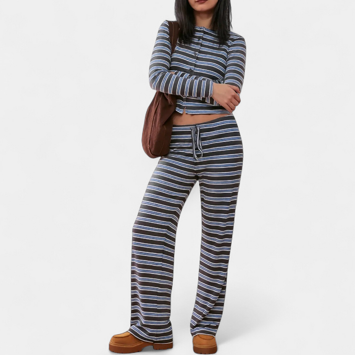Women's Lounge Set, Stripe Wide Leg Stretchy High Neck