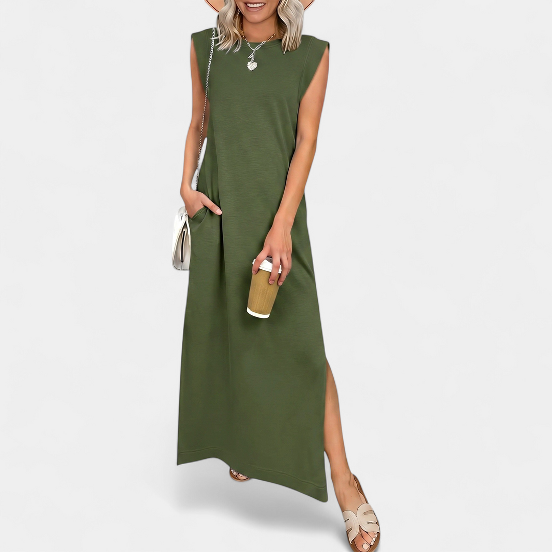 Women's Sleeveless Slit Maxi Dress, Crew Neck Side Pocket
