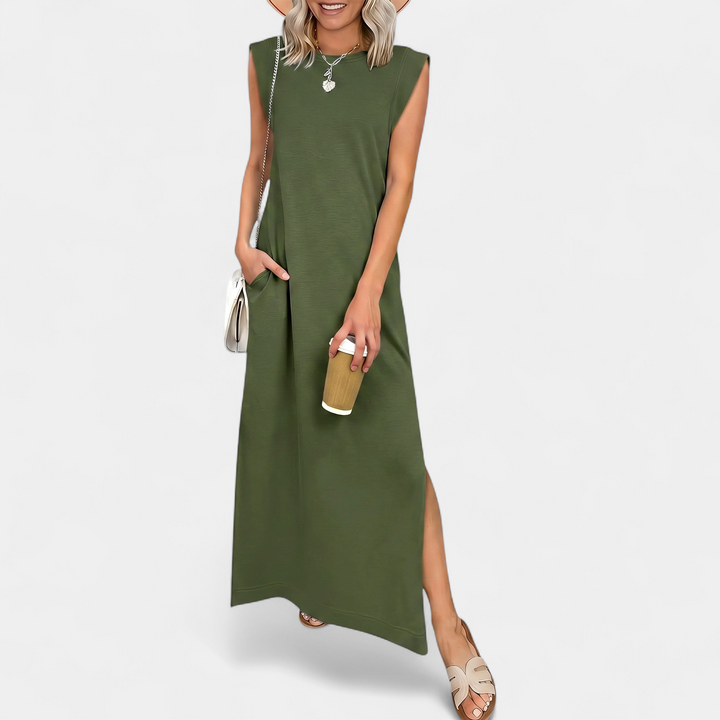 Women's Sleeveless Slit Maxi Dress, Crew Neck Side Pocket