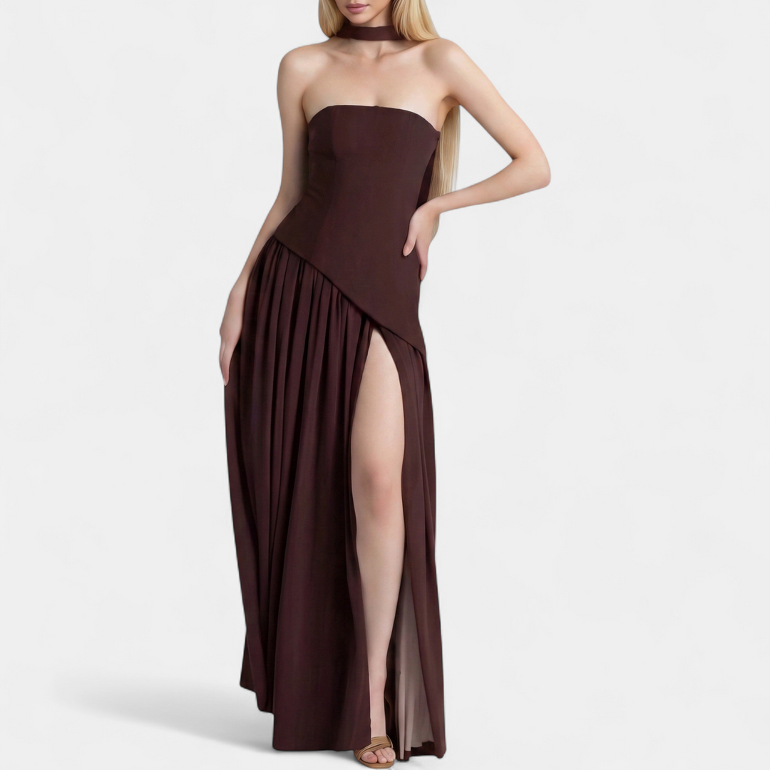 Women's Strapless Corset Maxi Dress, Pleated Back Zip