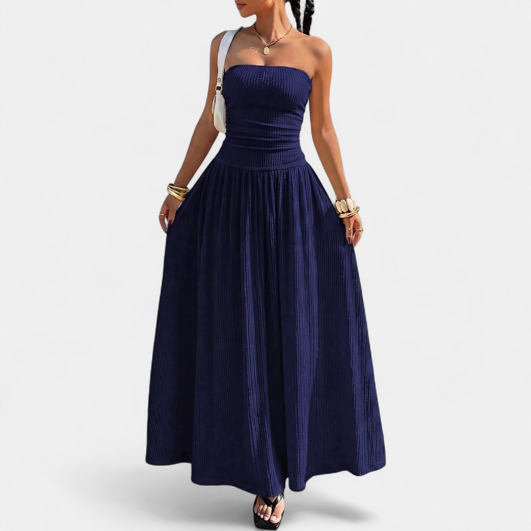 Women's Strapless Maxi Dress, Ruched Ribbed Stretch A Line