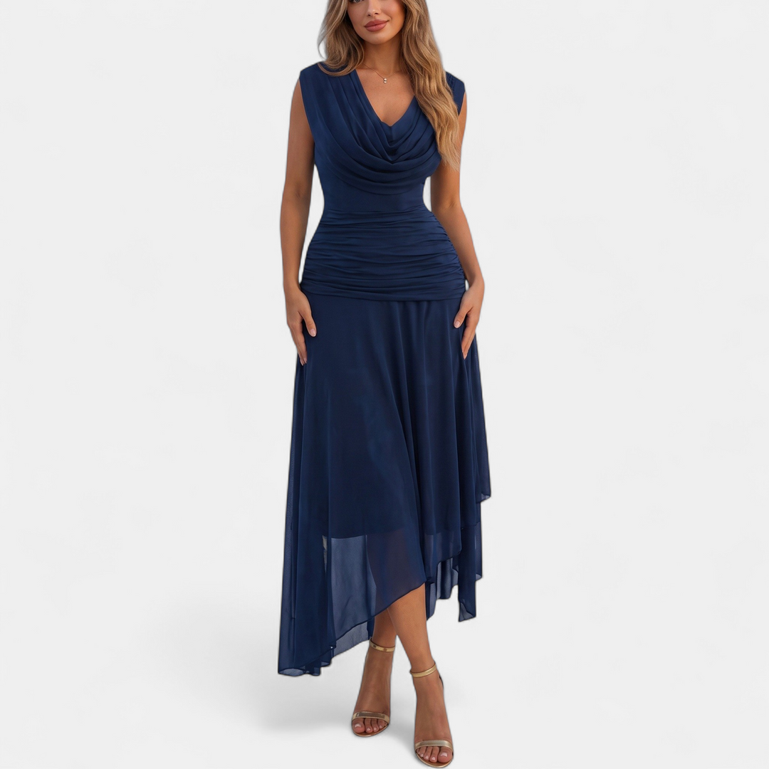 Women's Midi Cocktail Dress, Ruched Cowl Neck Sleeveless