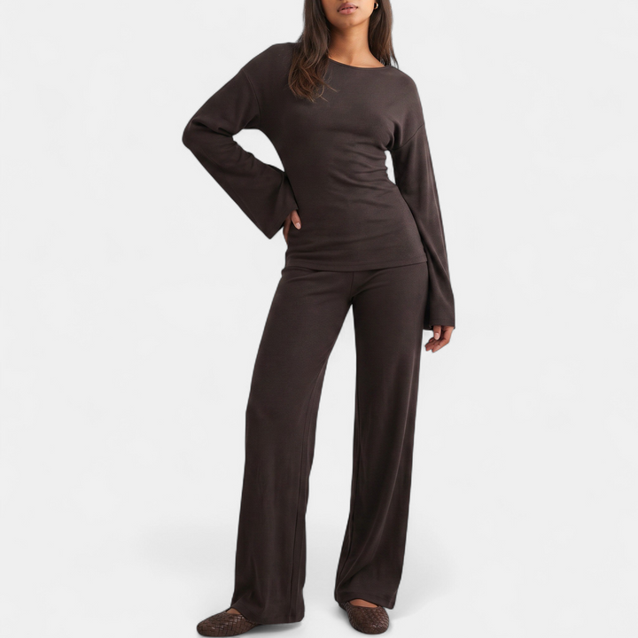 Women's Coord Set, Wide Leg High Neck Bell Sleeve Monochromatic