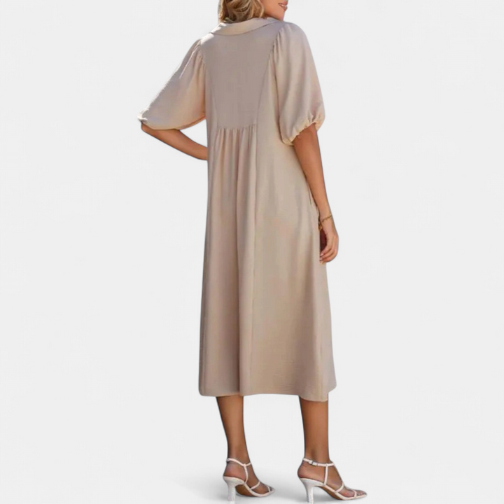 Women's Puff Sleeve V Neck Midi Dress, Collar Side Pocket