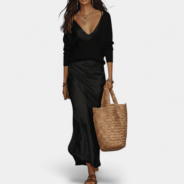 Women's Coord Set, Midi Satin Relaxed Ribbed Knit A Line