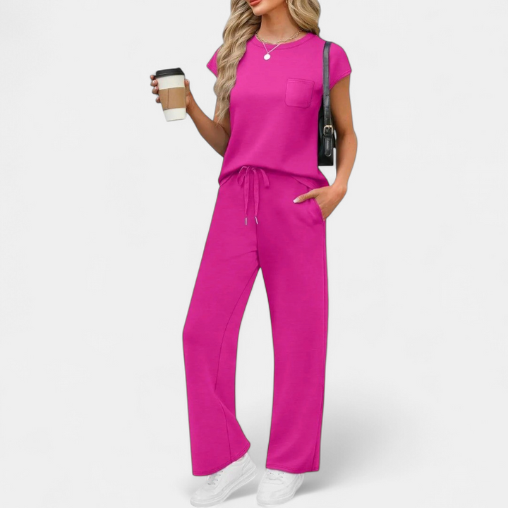 Women's Wide Leg Co Ord Loungewear Set, Relaxed Crew Neck
