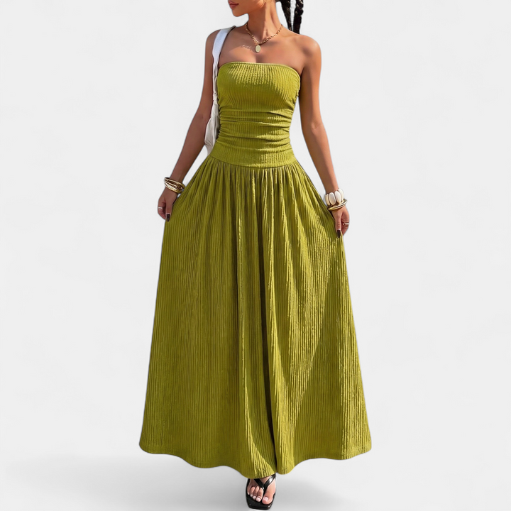 Women's Strapless Maxi Dress, Ruched Ribbed Stretch A Line
