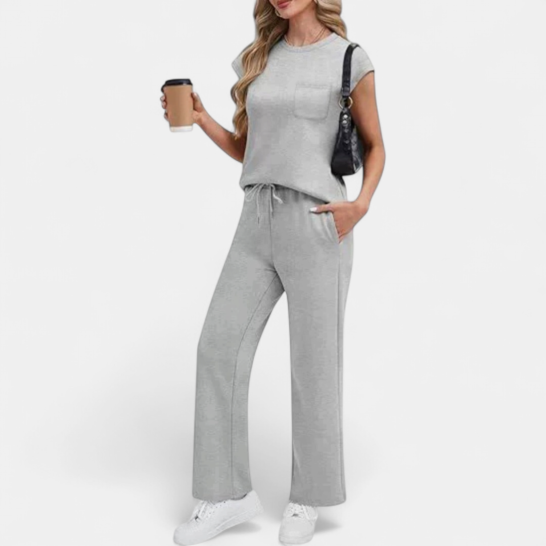 Women's Wide Leg Co Ord Loungewear Set, Relaxed Crew Neck
