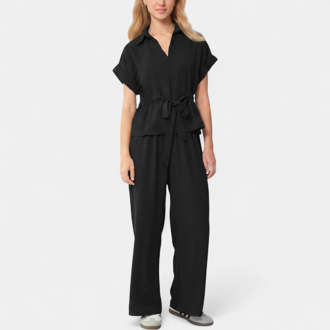 Women's Coord Set, V Neck Relaxed Wide Leg Collared