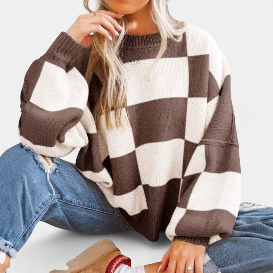 Women's Knitted Jumper, Jacquard Crew Neck Puff Sleeve