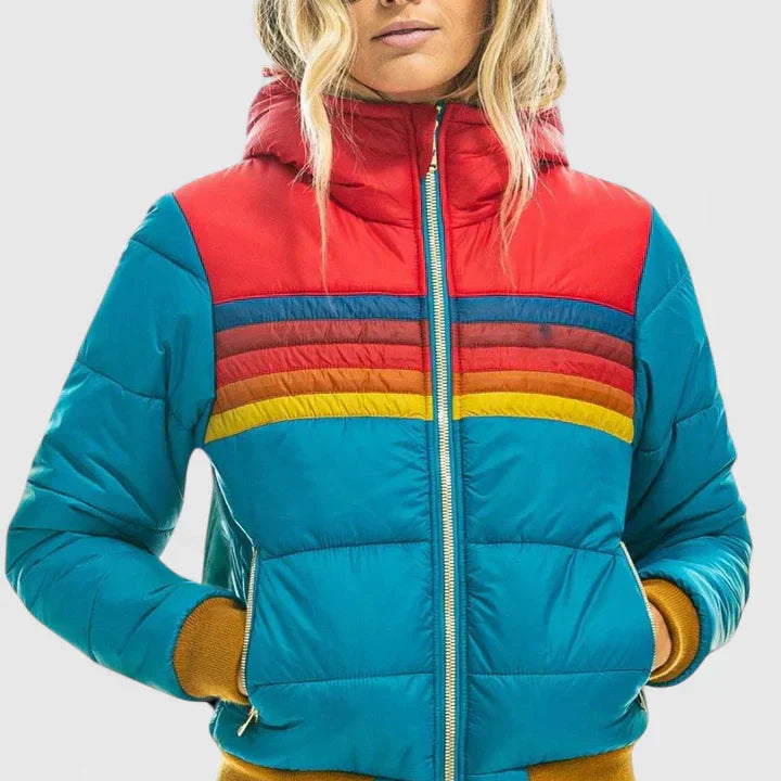 Women's Cropped Puffer Jacket, Quilted Bomber Rainbow Stripe