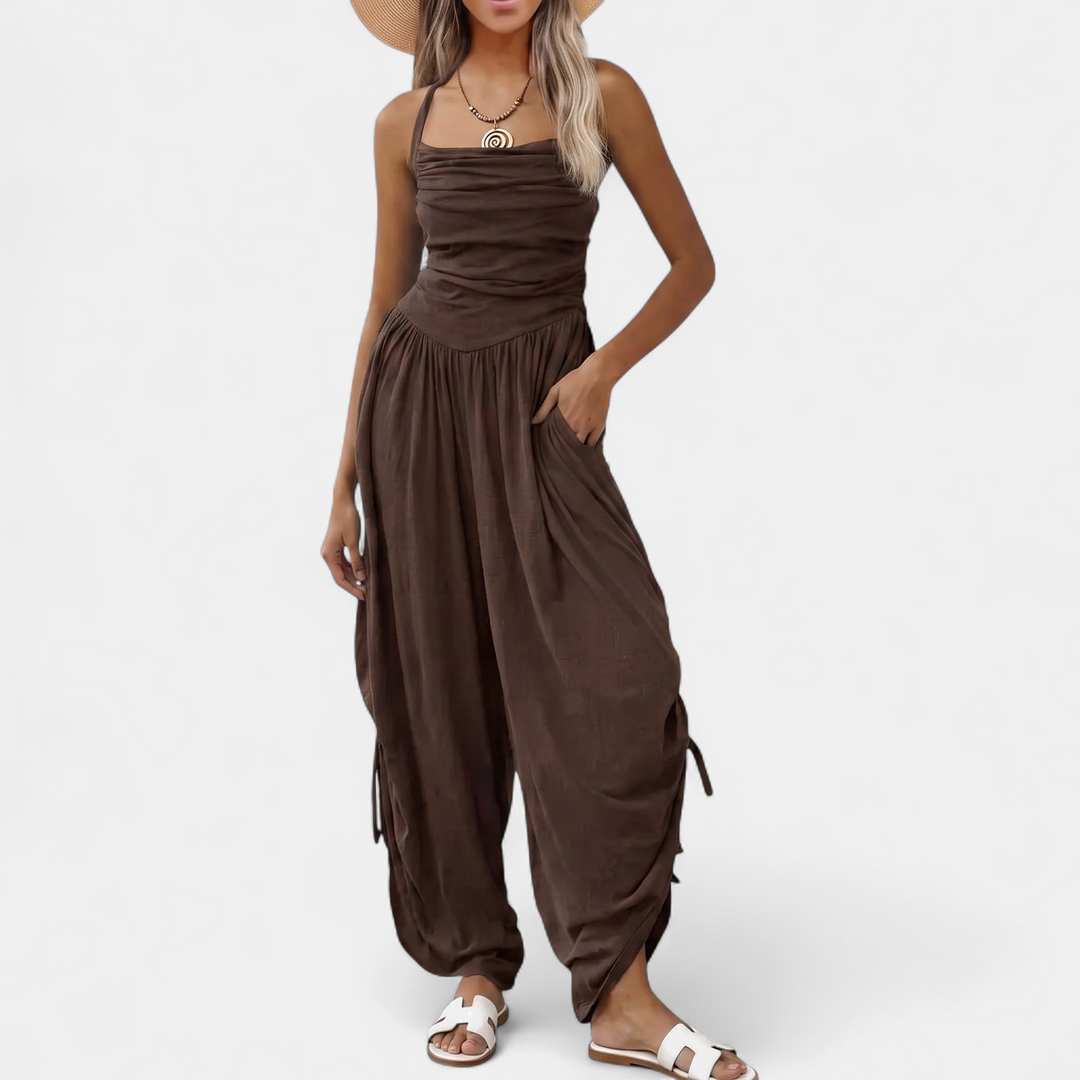 Women's Wide Leg Jumpsuit, Square Neck Ruched Side Pocket
