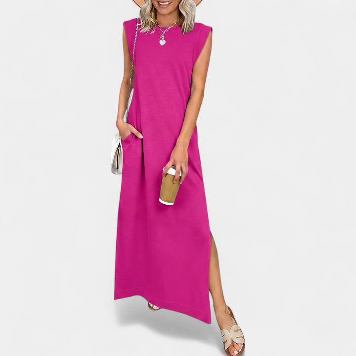 Women's Sleeveless Slit Maxi Dress, Crew Neck Side Pocket