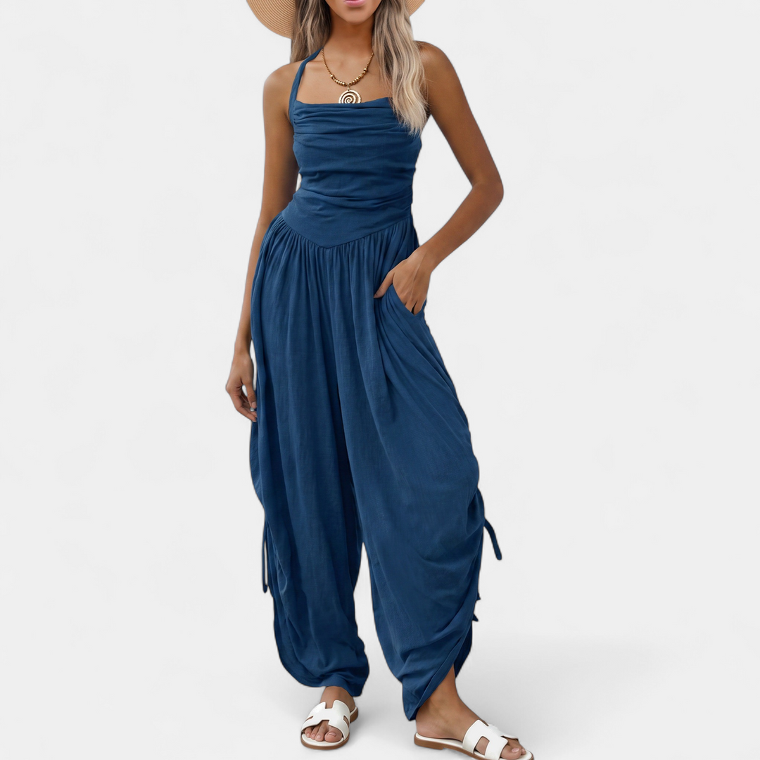 Women's Wide Leg Jumpsuit, Square Neck Ruched Side Pocket