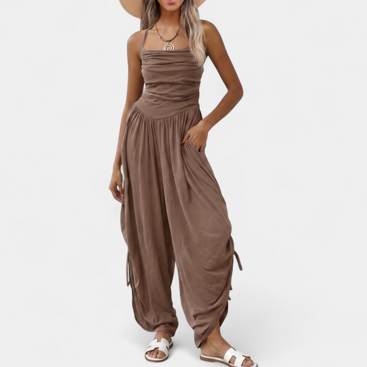 Women's Wide Leg Jumpsuit, Square Neck Ruched Side Pocket