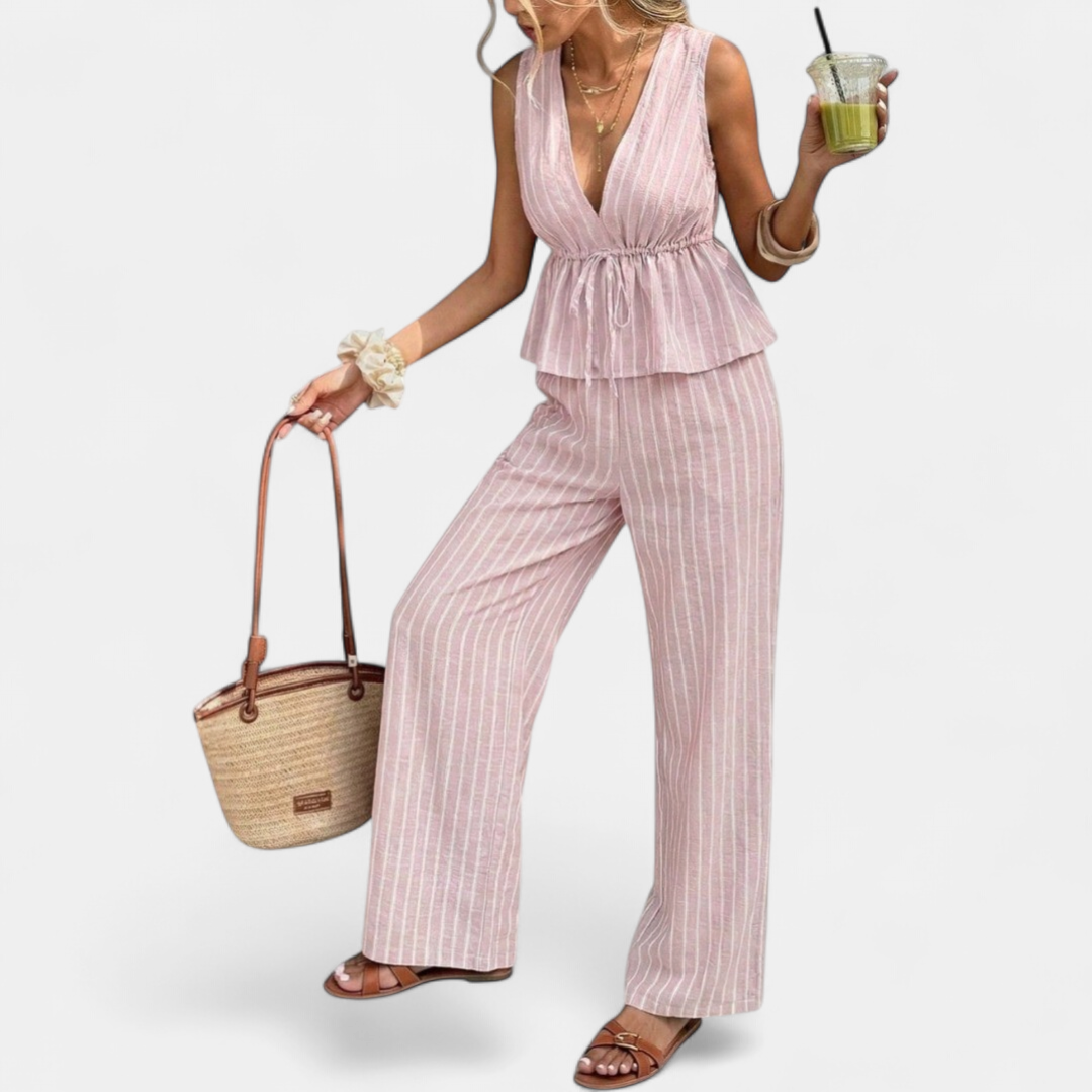 Women's Wide Leg Striped Co Ord Set, Peplum V Neck
