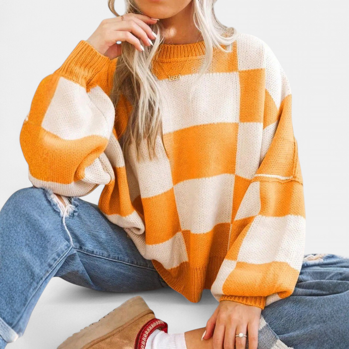 Women's Knitted Jumper, Jacquard Crew Neck Puff Sleeve