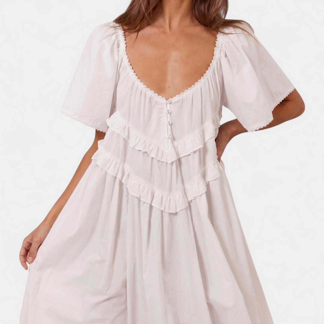 Women's Ruffle Maxi Dress, Relaxed Scoop Neck Tiered Bib